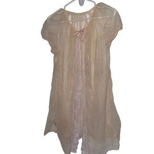 Vintage Berkliff Women’s Sheer Nylon Short Robe Sz M Cream Yellow Lace Trim